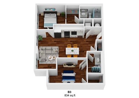 Floor plan for 2 beds, 2 baths, 834 sqft